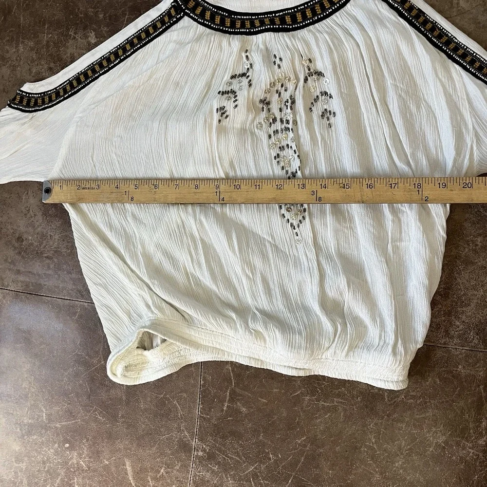 Free People Cold Shoulder Blouse Womens XS White Beaded Embroidered Boho Top